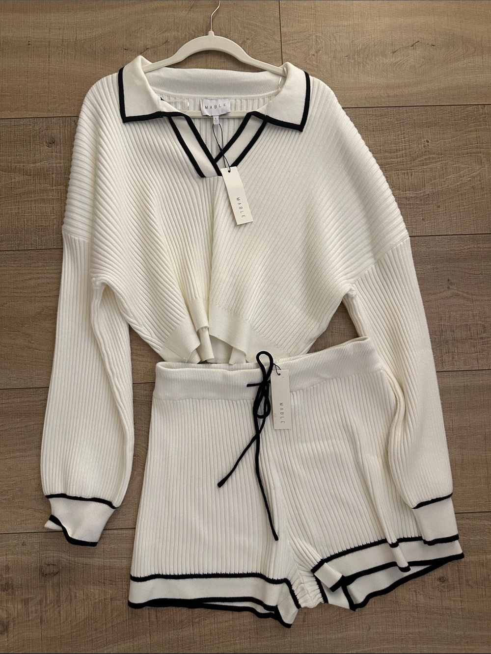 Mable Cream Ribbed Knit Polo Crop Top and Drawstring Shorts with Black Trim NWT